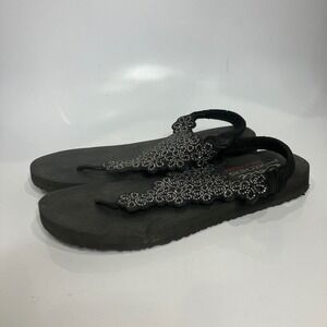 Skechers yoga mat slingback flip flops silver floral gems women's size‎ 9.5/10
